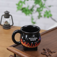 Tasse à café en céramique QTY, effet changeant de couleur, design créatif tendance, motif chaudron de sorcière et flammes de lune, thème Halloween, origine Dehua, sac en papier