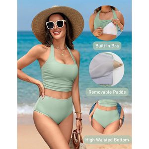 Conjunto de bikini de cintura alta para mujer, dos piezas, con cuello halter, control de abdomen, traje de baño deportivo acanalado - Product Image 4