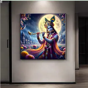 Custom crystal diamond painting wall art Framed Canvas Hindu Indian wall decor Krishna painting for home decor