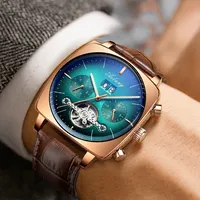 AILANG Moda Yeşil Büyük Kadran Kare Mekanik Saat Erkekler için Deri Kayış Su Geçirmez Tourbillon Saatler Erkek Relogio Masculino