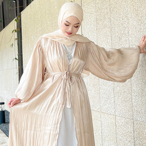 Loriya femmes à la mode avant ouvert Abaya modeste robe longue avec maille brillante Polyester manches régulières solide islamique a-ligne - Product Image 6