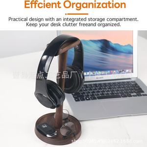 Soporte de madera para auriculares de escritorio, madera maciza de nogal negro, antideslizante, para auriculares con base de almacenamiento - Product Image 5