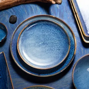 Gekleurde Glazuur Blauw Luxe Porselein Servies Keramische Serviesje Diner Voor Restaurant Hotel