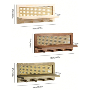 Scaffale portaoggetti a due livelli in legno massello e rattan in stile giapponese con gancio da parete intrecciato per chiavi, giornali e riviste, ideale per dormitorio - Product Image 5