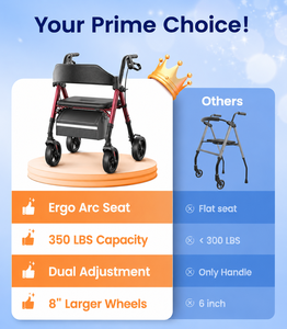 Déambulateur pliant Seniors Z21 avec siège en bambou, roues tout-terrain de 8 pouces, capacité de 350 lb, design ergonomique en arc, léger et réglable en hauteur - Product Image 6