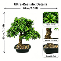 Bonsaï artificiel Podocarpus à feuilles fines 40 cm, plante de pin bouddhiste artificielle, base écologique résistante aux UV pour bureau, étagère, plateau à thé