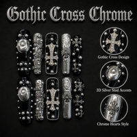 Faux ongles à presser Chrome Croix Gothique, aspect métallique, longs, couvrants, avec colle, design personnalisé