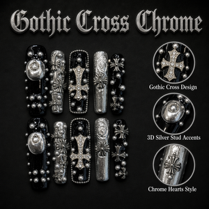 Faux ongles à presser Chrome Croix Gothique, aspect métallique, longs, couvrants, avec colle, design personnalisé - Product Image 4