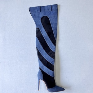 Wholesale Mesh Cut Out Women's Over Knee High Boots Denim Stiletto Heels Leopards <b>Shoes</b> Side Zipper Summer Long Booties - Product Image 4
