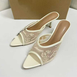 Sandalias de tacón alto con bordado y cuentas, sin espalda, de malla, elegantes y versátiles, con punta abierta y tacón de aguja para mujer - Product Image 3