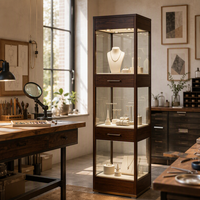 Vitrine à bijoux sur pied GZowin à 3 niveaux en verre avec éclairage LED, écologique, durable, couleurs personnalisables, pour colliers et bagues