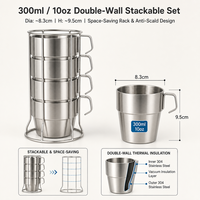 Lot de 4 tasses à café empilables en acier inoxydable de 300 ml (10 oz) à double paroi avec support métallique – Vente en gros directe usine