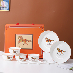 14 piezas 6 tazones 6 cucharas y 2 paltes Caballo Vajilla juego de cena de cerámica de lujo vajilla de hotel vajilla - Product Image 5