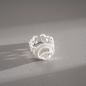 Boho Natural Stone Statement <b>Ring</b> <b>Silver</b> Plated Double Bezel Hollow <b>Adjustable</b> Open Band Retro Index Finger <b>Ring</b> - Product Image 5