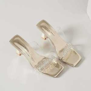 Sandales à talons carrés, bout transparent, strass, talon moyen, argentées, élégantes, chaussures de soirée - Product Image 4