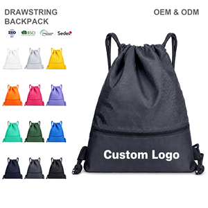 Sac à dos à cordon en polyester en gros, sacs à cordon personnalisés directement de l'usine, avec logo personnalisé, poche avant zippée, sac de sport, sac à dos de jour OEM - Product Image 1