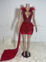 Ocstrade Pronto per la Spedizione - Contattare Prima dell'Ordine, Abiti da Compleanno con Glitter Dorato e Strass, Vestito Mini Sexy con Piume per Club