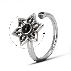 316L Stainless Steel <b>Fidget</b> <b>Rings</b> Hexagram Flower Shape Black Gemstone Inlay Open Adjustable Retro Jewelry for Men Women Daily - Product Image 1