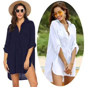 Roupa de praia feminina, biquíni moda praia botão namorado camisa vestido cobertura de praia maiô