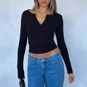 T-shirt à manches longues pour femme, style Y2K, slim, à rayures côtelées, boutonné, tendance - Product Image 3