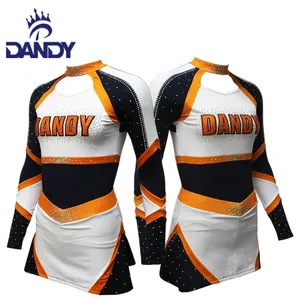 Personalizado su propio diseño porristas brillo adolescente uniforme naranja competición Cheer Girl Uniforme con falda de baile