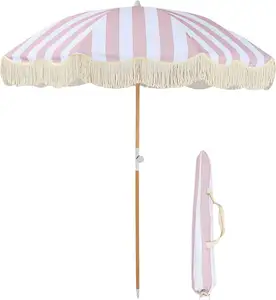 Boho Beach Umbrella With Tassel Fringe 50+ UV Protection Tilt Function With Wood Pole For Large Pool Outdoor Patio Table