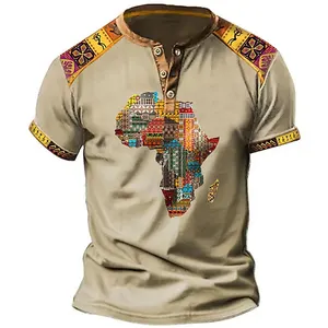 Karte Textur T-Shirt Herren Henry Shirt 3D gedruckt Afrika Karte Sommer Mode T-Shirt Henry Shirt