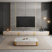 Ensemble meuble TV et table basse en bois massif, style moderne minimaliste de luxe léger, avec plateau en pierre extra long, pour petit appartement et salon
