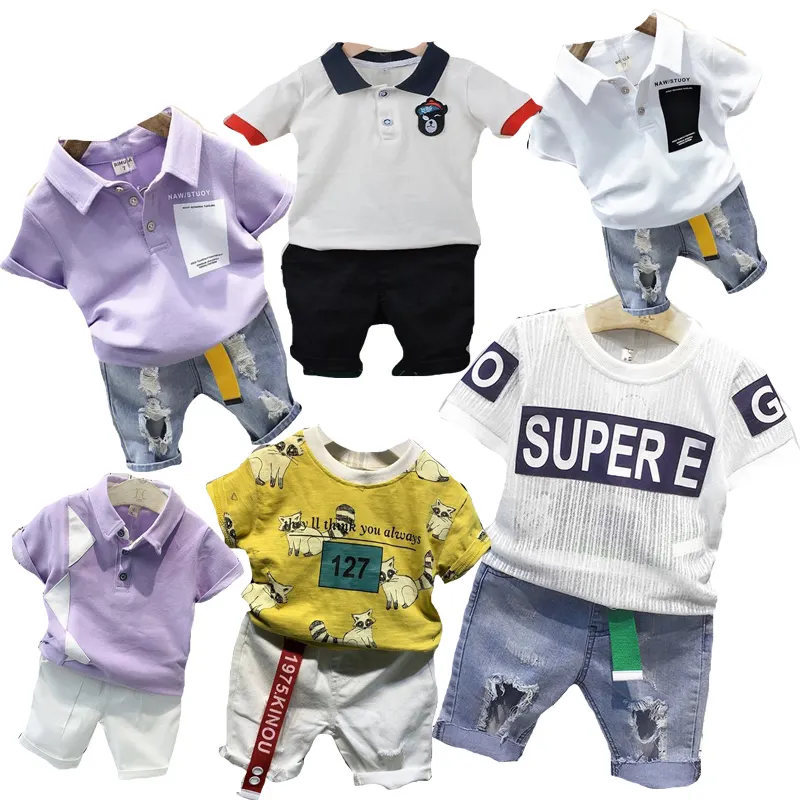 Модная детская одежда для малышей футболка с короткими рукавами для мальчиков комплект От 5 до 10 лет Одежда больших размеров из двух предметов из бутика оптовая продажа хлопковой джинсовой ткани