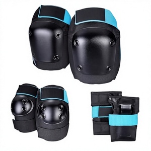 Protections pour genoux et coudes noires avec bordure bleue en PU, absorption des chocs, ajustement universel, fermeture auto-agrippante - Product Image 2