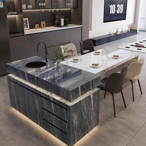 <span class=keywords><strong>Table</strong></span> îlot extensible de luxe en pierre frittée <span class=keywords><strong>avec</strong></span> éclairage LED intégré pour cuisine et meuble de rangement domestique - Product Image 3