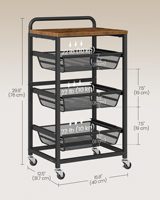 Chariot de rangement roulant à 3 niveaux avec paniers en filet extractibles, chariot utilitaire en métal avec plateau en bois et poignée pour la cuisine