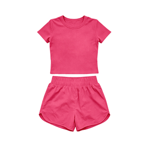 Ensemble de yoga d'été pour petite fille, jupe rouge unie imprimée, manches courtes, GSSO3765 - Product Image 4