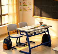 Fournisseur de mobilier scolaire pour l'école primaire, chaise d'école traditionnelle en métal double bleu/gris, ensemble table et chaise pour étudiants