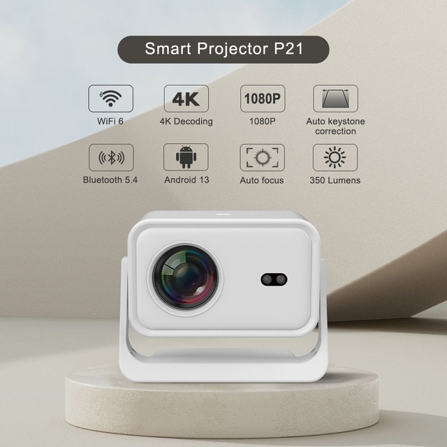 P21 1080P Smart Projector for Home Theater Android 13 350 Lumens Auto Focus Built-in WiFi 6 BT 5.4 1GB+16GB RAM 4K Supported