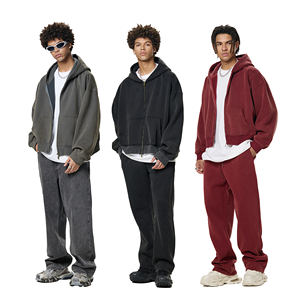 Sweat à capuche d'automne solide épaissi en détresse pour hommes coupe régulière polaire lourde délavé couleur décoloration Zip - Product Image 2