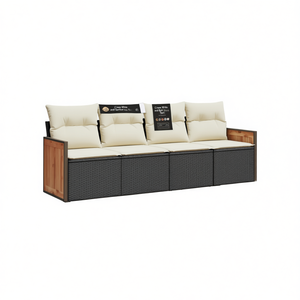 Conjunto de sofá de jardín color crema, blanco y negro, 4 plazas, ratán, madera de teca, muebles de exterior, diseño contemporáneo - Product Image 1