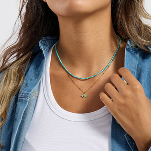Collier superposé tendance avec pendentif œil turc en turquoise, chaîne dorée et design perlé, idéal pour offrir - Product Image 2