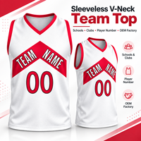 Maillot de basket personnalisé blanc et rouge, col en V, sans manches, pour équipes scolaires et clubs, avec numéro de joueur, uniforme sur mesure pour programmes sportifs
