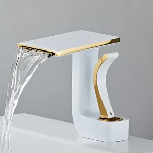 White Gold Waterfall Basin Faucet Solid Brass Single Handle Hot and Cold Water Mixer Tap Lavatory Vanity Sink Faucet