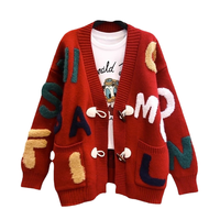 Damen Herbst Casual Einreihiger Terylene Strick-Cardigan mit Logo vorne, V-Ausschnitt, Hornknöpfen, lockerer Passform, knitterarm
