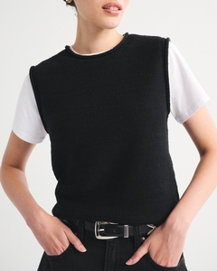 Leduo Customized Solid Black Textured Knitted Sleeveless Vest Women Crew Neck <b>Cropped</b> Layering Knit Tank <b>Top</b> Casual Daily - Product Image 3