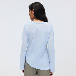 <span class=keywords><strong>Camiseta</strong></span> de yoga transparente de manga larga para mujer, cuello en V, cintura con cordón, ajuste holgado, para fitness y entrenamiento - Product Image 1