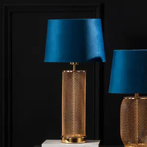 Persoonlijkheid Gouden Mesh Kooi Lampvoet Hotel Slaapkamer Tafellamp Elegant Blauw Flanellen Metalen Bedlampje
