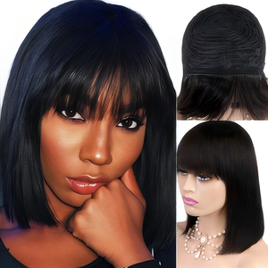 Parrucca Bob 180% Naturale Nera Completamente Realizzata a Macchina con Frangia Piatta Spessa, 100% Capelli Umani Veri, Design Senza Colla per lo Styling Quotidiano Femminile - Product Image 1