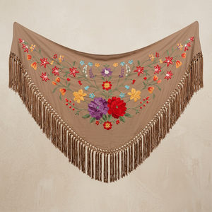 Women's Taupe Floral Embroidered Triangle Shawl with <b>Brown</b> Long Fringe Colorful Garden Motif Wedding Evening Shoulder Wrap <b>Scarf</b> - Product Image 1