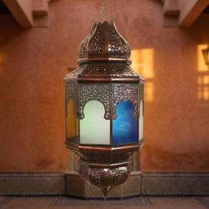 OEM Customized Hanging <b>Moroccan</b> Metal <b>Lantern</b> With Colored Glass Panels For Home Decoration - Product Image 3