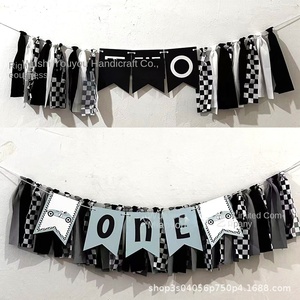Ragazzo compleanno di un anno di 2 anni nero bianco Plaid cartone animato fatto a mano panno Eco Friendly festa di compleanno Banner - Product Image 2