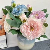 Fabriekssimulatie 3-koppige kleine pioenroos Paeonia gevlokte plastic handgemaakte bruiloft huisdecoratie Valentijnsdag afstuderen bloemstuk
