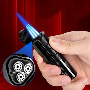 Briquet à cigares professionnel à 3 brûleurs, flamme jet, rechargeable au butane, avec coupe-cigares intégré pour hommes - Product Image 3